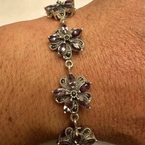 Amethyst and Marcasite 8 inch Bracelet Stamped 925 Sterling Silver Vintage